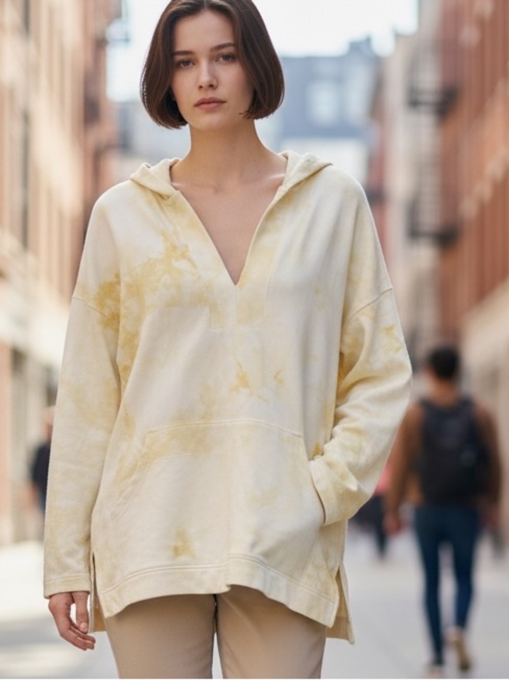 MELLODAY Pale Yellow Tie-Dye V-Neck Hooded Pullover